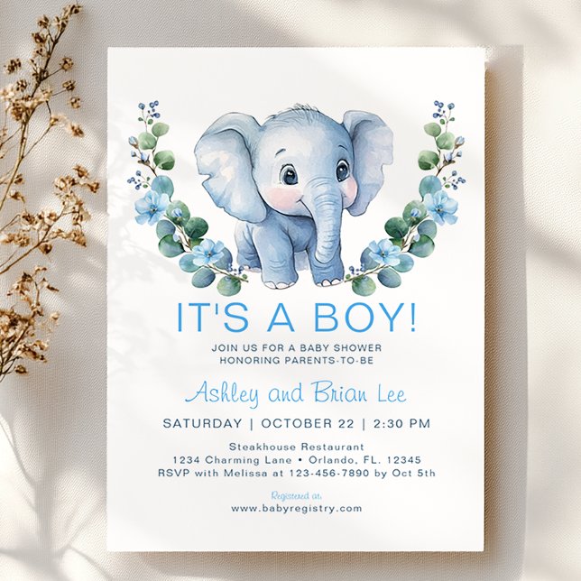 Niedlich Blue Elephant Baby Dusche Einladung - Was (Baby Shower Invitation)