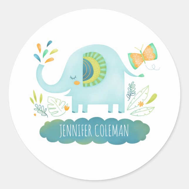 Niedlich Blue Elephant Baby Dusche Runder Aufkleber (Vorderseite)