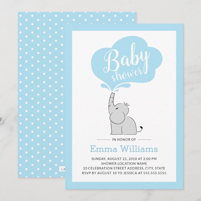 Niedlich Blue Elephant Baby Shower Einladung für J (Vorne/Hinten)