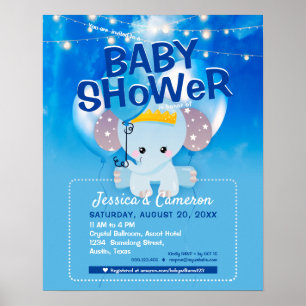 Niedlich Blue Elephant & Balloons Baby Party Flyer Poster