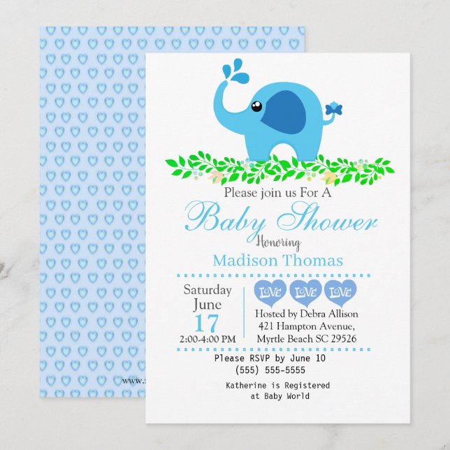 Niedlich Blue Elephant Boy Baby Dusche Einladung (Vorne/Hinten)