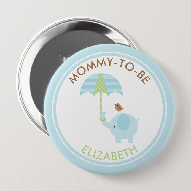 Niedlich Blue Elephant Boy Baby Dusche Personalisi Button (Vorne & Hinten)
