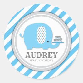 Niedlich Blue Elephant Boy First Birthday Baby Dus Runder Aufkleber