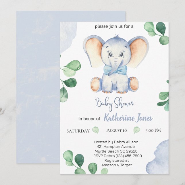 Niedlich Blue Elephant Boys Baby Dusche Einladung (Vorne/Hinten)