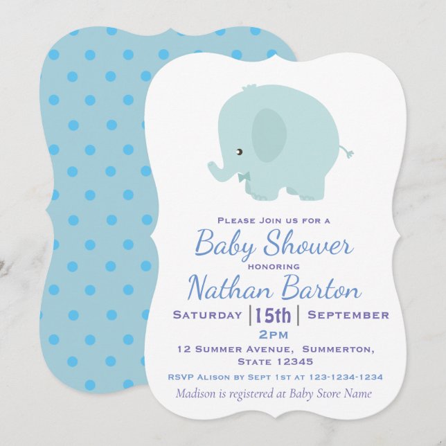 Niedlich Blue Elephant und Dots Boy Baby Dusche Einladung (Vorne/Hinten)