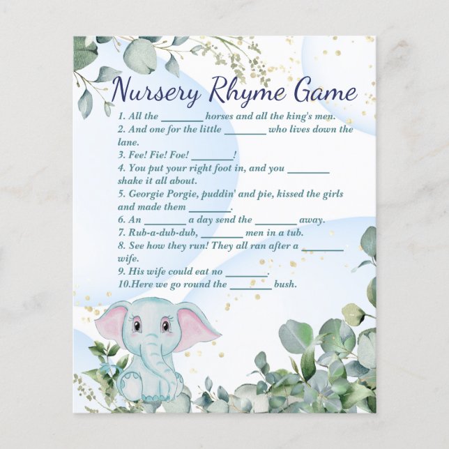 Niedlich Blue Elephant und Eucalyptus Baby Showgam Flyer (Vorne)