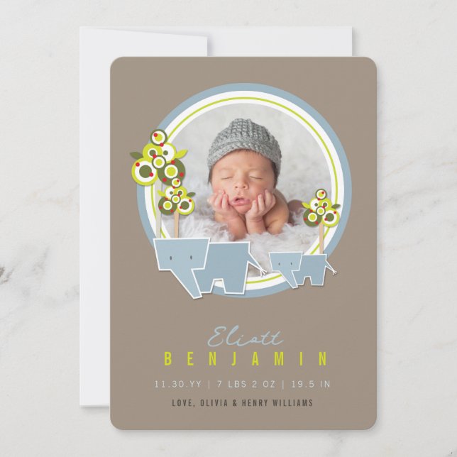 Niedlich Blue Elephants Family Baby Boy Foto Birth Ankündigung (Vorderseite)