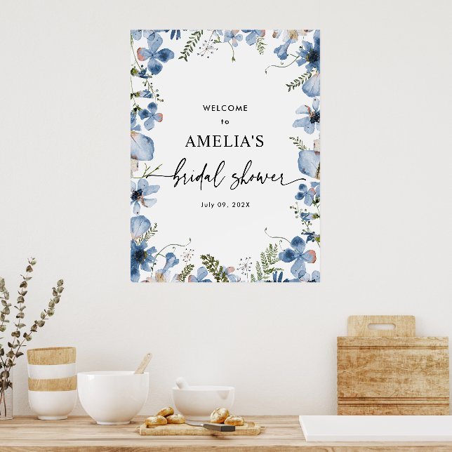 Niedlich Blue Floral Brautparty Welcome Sign Poste Poster (Küche)