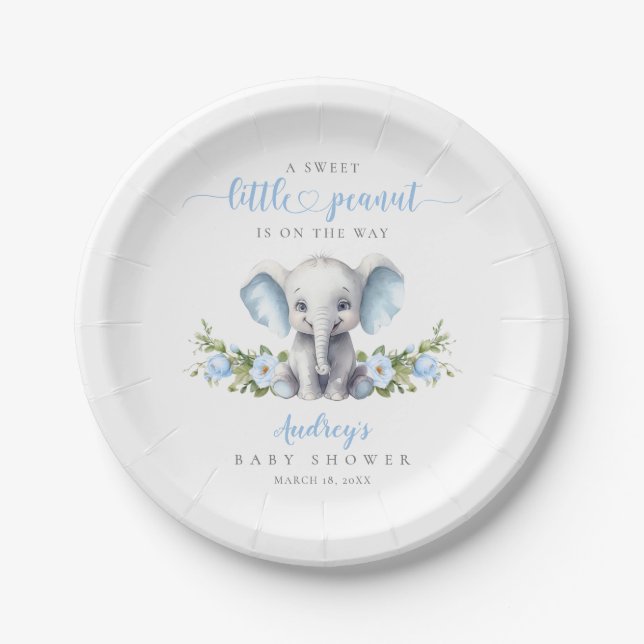 Niedlich Blue Floral Elephant Baby Boy Dusche Pappteller (Vorderseite)