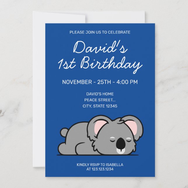 Niedlich Blue Funny Sleeping Koala 1. Geburtstag Einladung (Vorderseite)