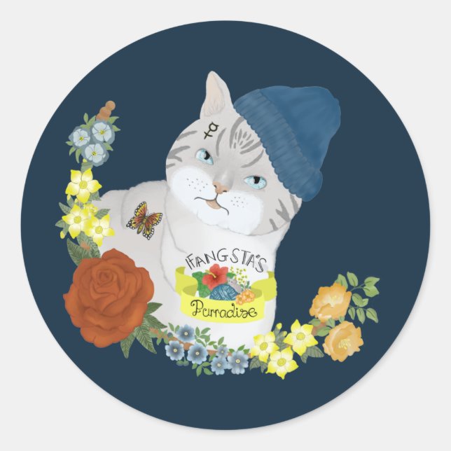 Niedlich Blue Gangster Kitty Cat Cartoon Illustrat Runder Aufkleber (Vorderseite)