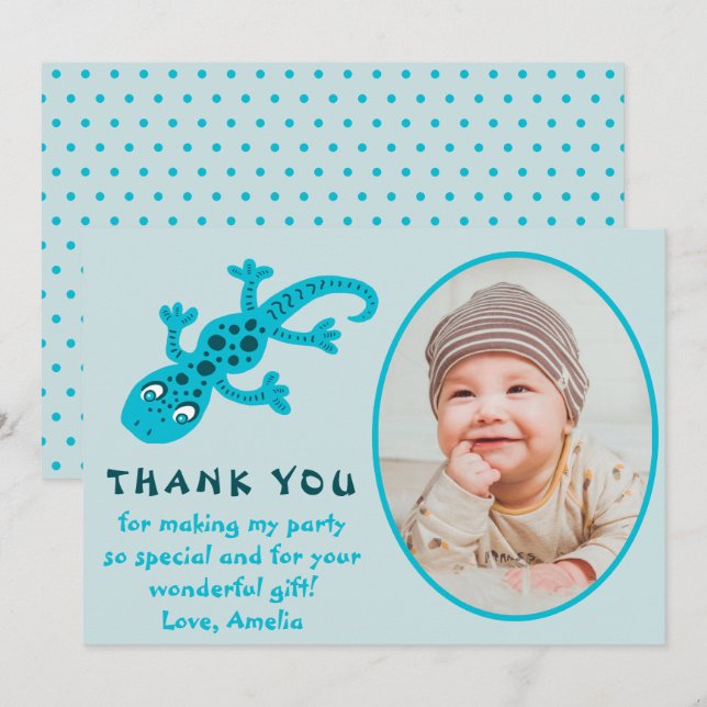 Niedlich Blue Gecko Lizard Kid Foto Geburtstag Dankeskarte (Vorne/Hinten)