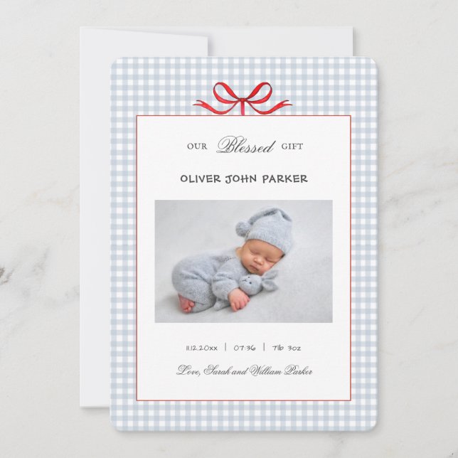 Niedlich Blue Gingham Baby Holiday Birth Ankündigung (Vorderseite)