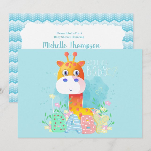 Niedlich Blue Giraffe Baby Dusche Einladung (Vorne/Hinten)