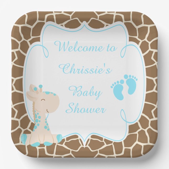 Niedlich Blue Giraffe Baby Dusche Pappteller (Vorderseite)