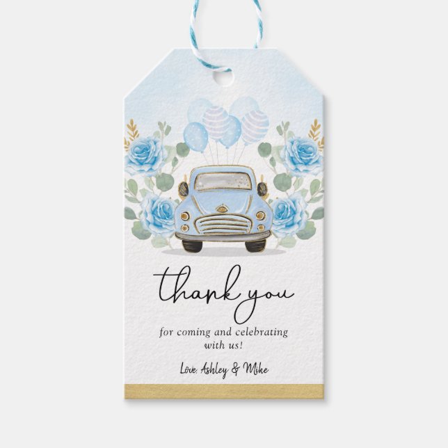 Niedlich Blue Gold Car Floral Adventure Baby Dusch Geschenkanhänger (Vorderseite)
