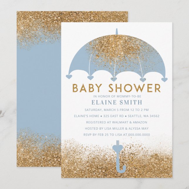 Niedlich Blue Gold Glitzer Umbrella Baby Dusche Einladung (Vorne/Hinten)
