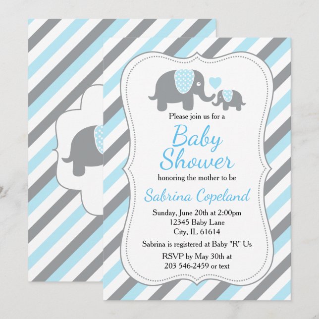 Niedlich Blue & Gray Stripe Elephant Babydusche Einladung (Vorne/Hinten)