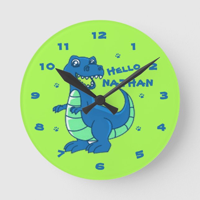 Niedlich Blue Green Dinosaurier Hallo Name Kinder Runde Wanduhr (Vorderseite)