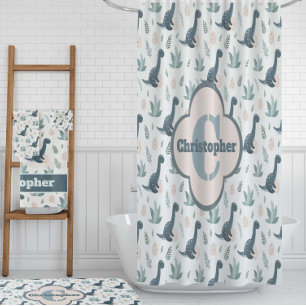 Niedlich Blue Green Dinosaurier mit Foliage und Ei Duschvorhang