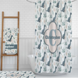 Niedlich Blue Green Dinosaurier mit Foliage und Ei Duschvorhang