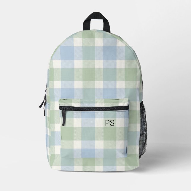 Niedlich Blue Green Karo Kariert Monogram Initials Bedruckter Rucksack (Vorderseite)