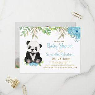 Niedlich Blue Greenery Boy Panda Baby Dusche Foto Einladungspostkarte