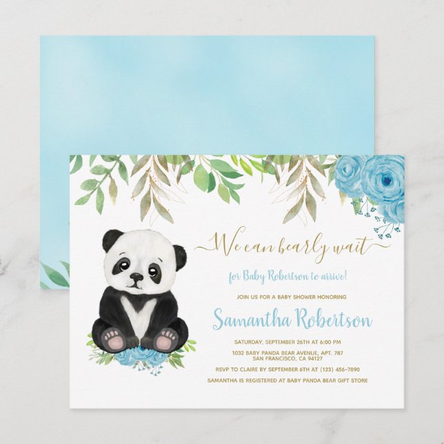 Niedlich Blue Greenery Gold Bear Boy Baby Dusche Einladungspostkarte (Vorne/Hinten)