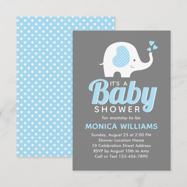 Niedlich Blue Grey Boy Elephant Baby Dusche Einlad Einladung (Vorne/Hinten)