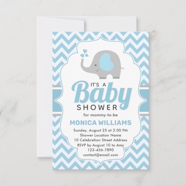 Niedlich Blue Grey Elephant Boy Baby Dusche Einladung (Vorderseite)