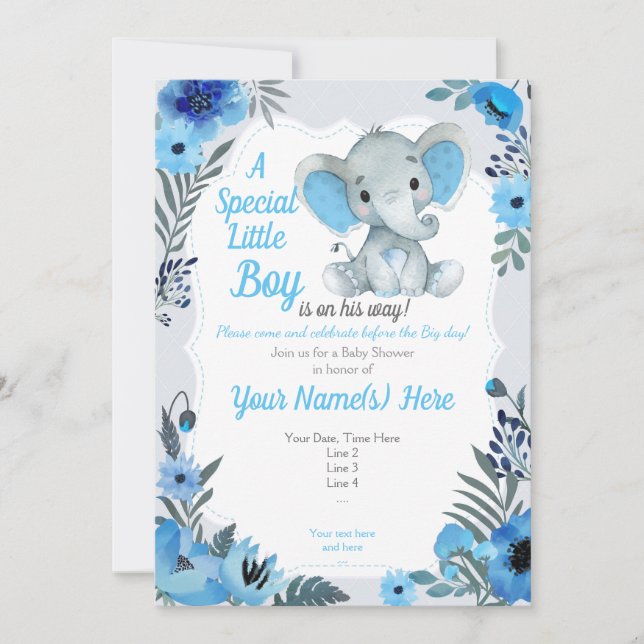 Niedlich Blue Grey Elephant Invitation Baby Dusche Einladung (Vorderseite)