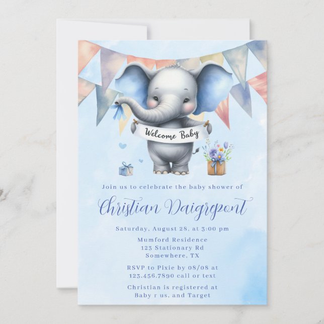 Niedlich Blue Grey Elephant Welcome Baby Boy Dusch Einladung (Vorderseite)