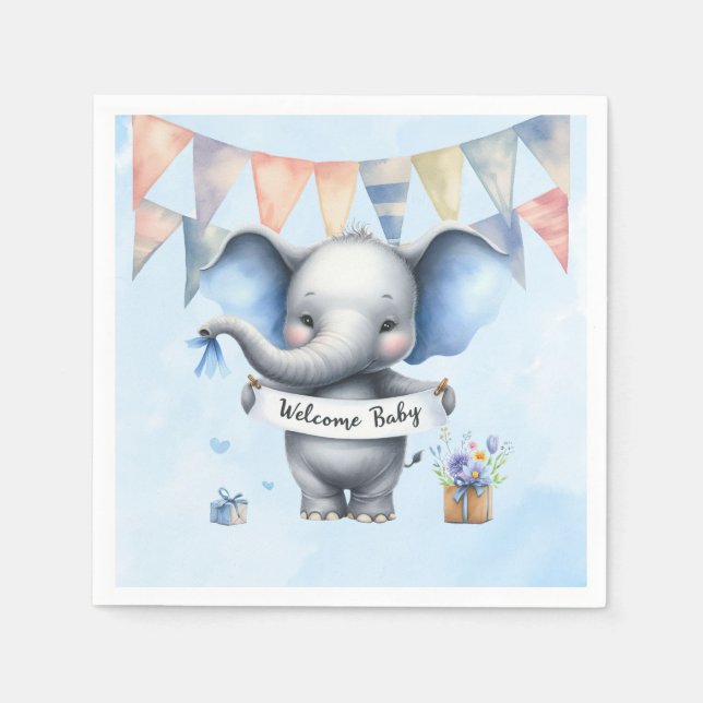 Niedlich Blue Grey Elephant Welcome Baby Boy Dusch Serviette (Vorderseite)