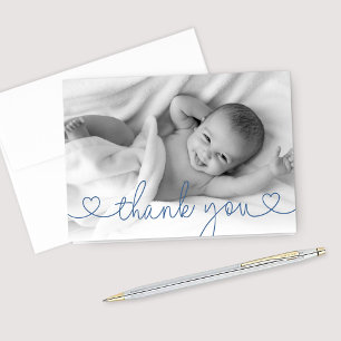Niedlich Blue Heart Script Custom Baby Boy Foto Dankeskarte