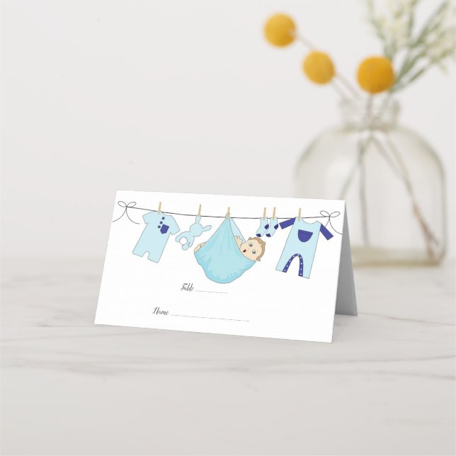 Niedlich Blue Illustration Baby Dusche Platzkarte (Vorderseite)