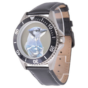 Niedlich Blue Jay Songbird auf Treestump Armbanduhr