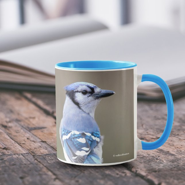 Niedlich Blue Jay Songbird auf Treestump Tasse (Cute Blue Jay on Treestump 11 oz Coffee Mug Cover Photo.)