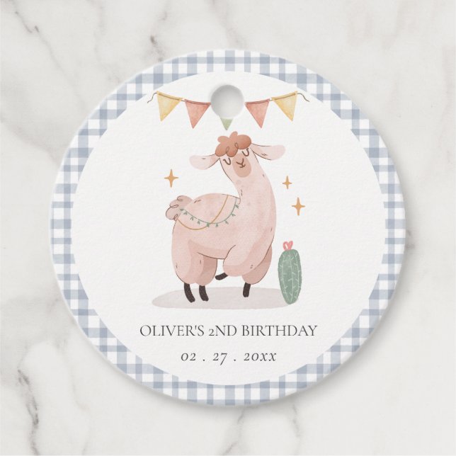 Niedlich Blue Kariert Cactus Boho Llama jeden Gebu Geschenkanhänger (Vorderseite)