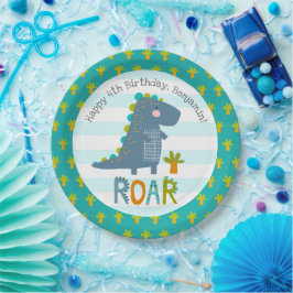 Niedlich Blue Kawaii Dinosaur Roar Boy Geburtsname Pappteller