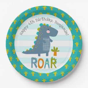 Niedlich Blue Kawaii Dinosaur Roar Boy Geburtsname Pappteller