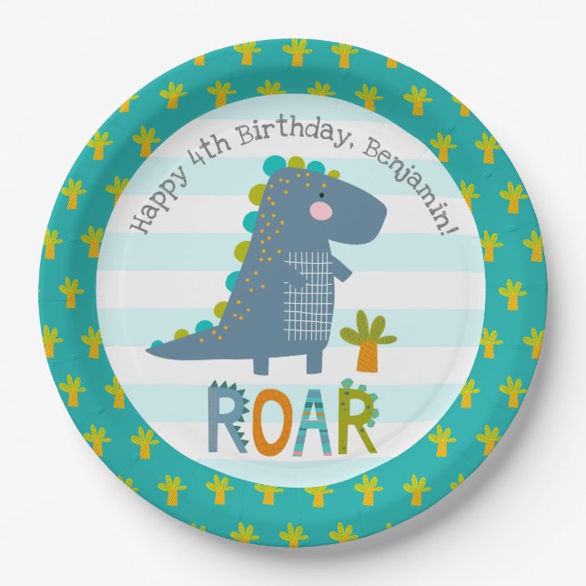 Niedlich Blue Kawaii Dinosaur Roar Boy Geburtsname Pappteller (Vorderseite)