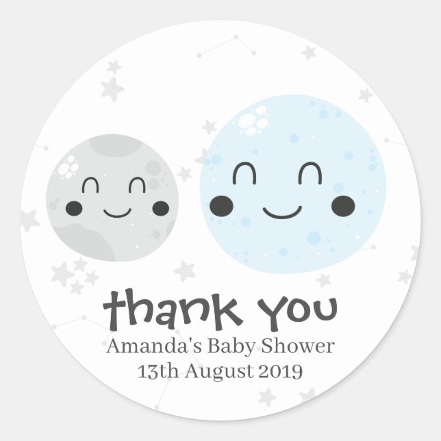 Niedlich Blue Kawaii Planet and Moons Baby Shower Runder Aufkleber (Vorderseite)