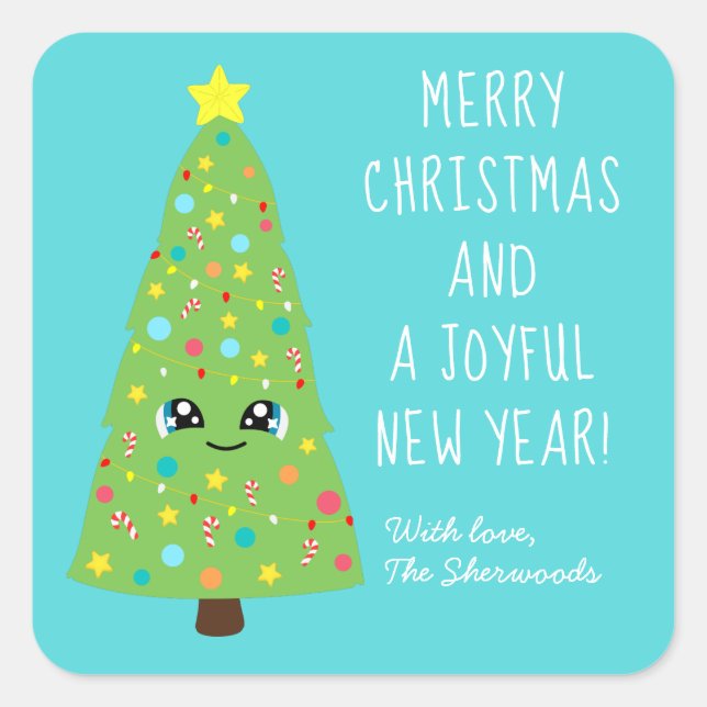 Niedlich Blue Kawaii Weihnachtsbaum Cartoon Merry  Quadratischer Aufkleber (Vorderseite)