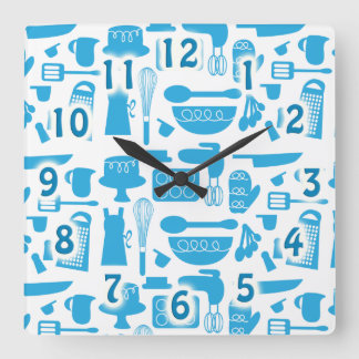 Niedlich Blue Kitchenware Kochwerkzeuge Muster Art Quadratische Wanduhr