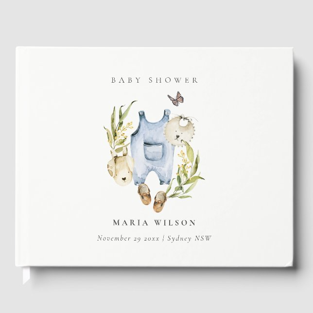 Niedlich Blue Leafy Foliage Boy Clothes Babydusche Gästebuch (Vorderseite)
