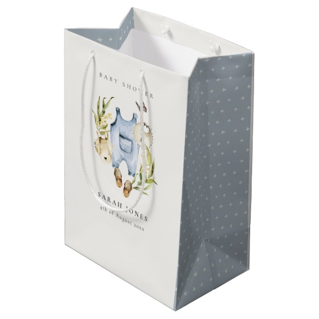 Niedlich Blue Leafy Foliage Boy Clothes Babydusche Mittlere Geschenktüte (Rückseite Schrägansicht)