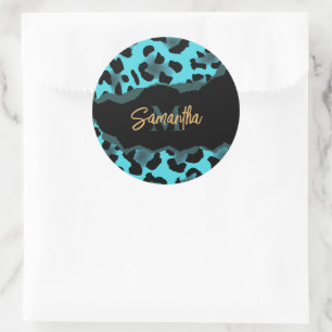 Niedlich Blue Leopard Print Runder Aufkleber