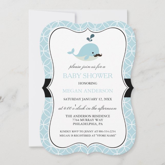 Niedlich Blue Mustache Whale Boy Babydusche Einlad Einladung (Vorderseite)