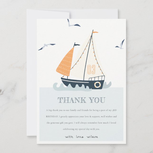 Niedlich Blue Nautic Sailboat Pastel Kindergeburts Dankeskarte (Vorderseite)