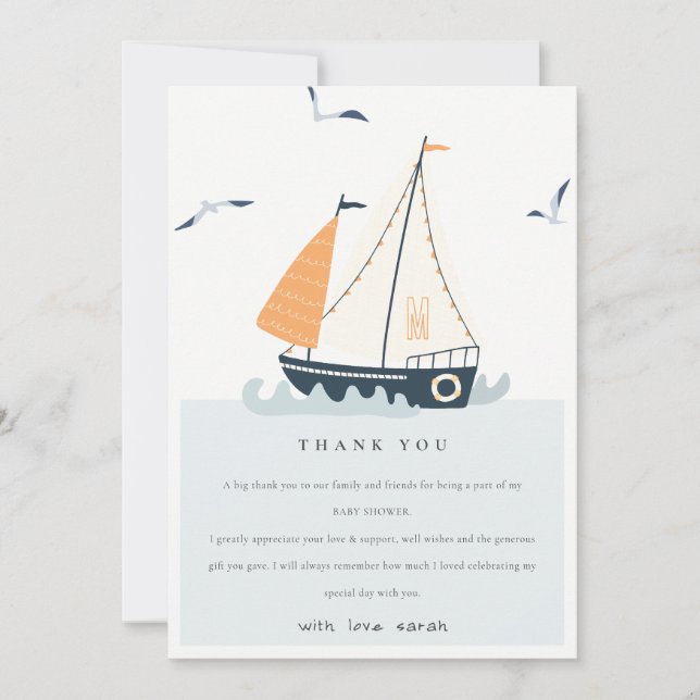 Niedlich Blue Nautical Sailboat Pastel Baby Dusche Dankeskarte (Vorderseite)